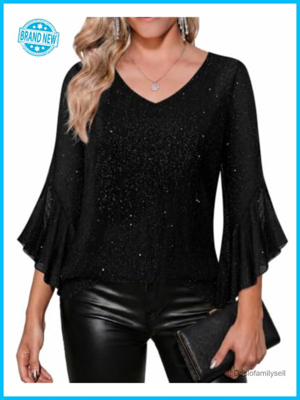 Zeagoo Womens Tunic Top 3/4 Ruffle Sleeve V Neck Sequin Mesh Blouse